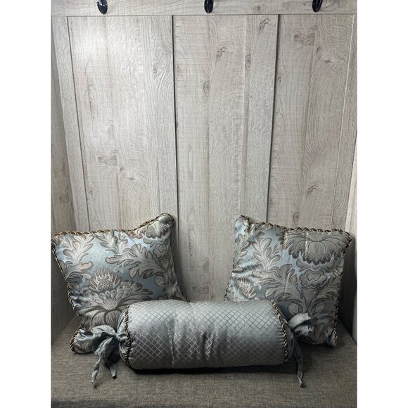 Decorative Pillow Set  Jacquard Tapestry Fabric Corded Trim 2 Square and Bolster - Picture 1 of 8